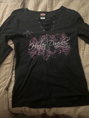 Harley-Davidson Black Long Sleeve Lace-Up Shirt with Purple Graphic